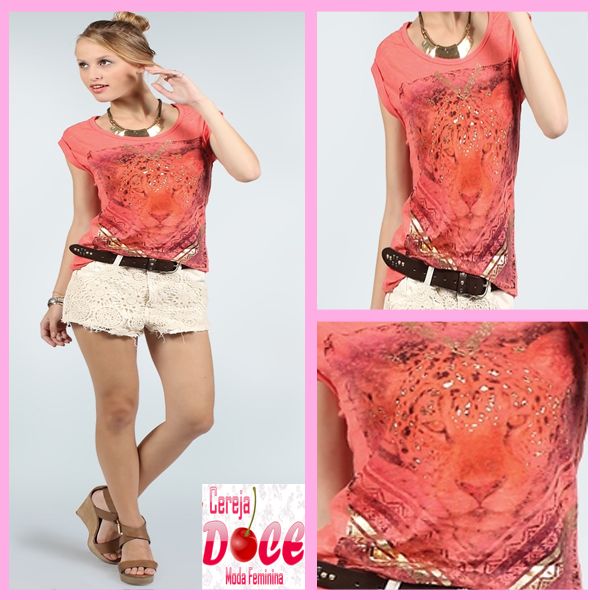 5027-Blusa Estampa Onça com Detalhe Dourado